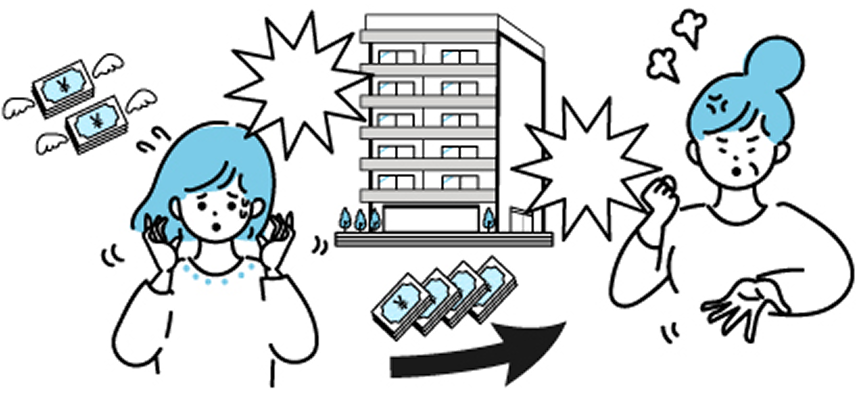 老朽化した再建築不可物件が倒壊や落下物の原因となり、第三者に被害を与えた場合、所有者が損害賠償責任を負う可能性があることを示す図