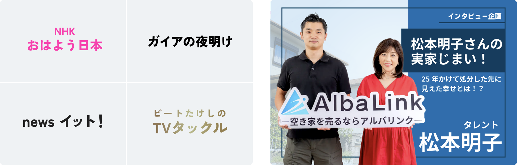 AlbaLinkが「ガイアの夜明け」「newsイット!」「ピートたけしのTVタックル」など複数のテレビ・メディアで紹介された実績を示す画像