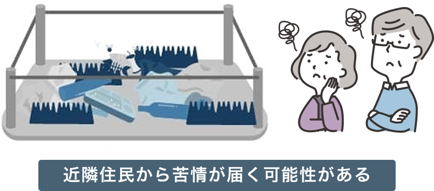 管理が行き届いていない土地では、雑草の繁茂や不法投棄などが原因で近隣住民から苦情が入り、近隣トラブルに発展する可能性があることを示す図